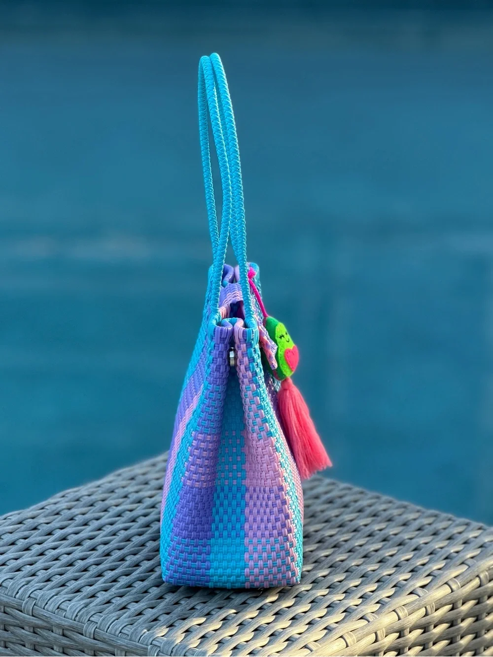 Turquoise Pink Purple Woven Tote with Tassel Charm